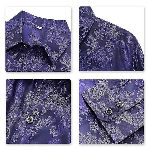 Mænds Lapel Skjorte med Cashewnøddeblomst Broderi - Langærmet (Lilla, M)