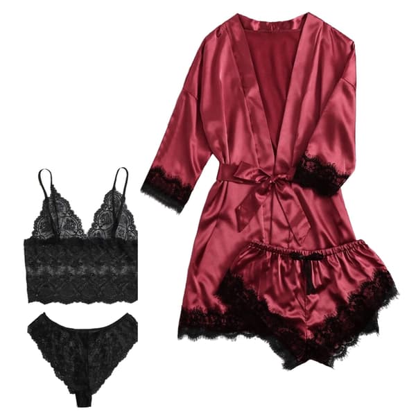 4st Kvinnor Satin Pyjamas Set Blommor Spets Trim Camisole Underkläder Sovkläder med Robe M Röd