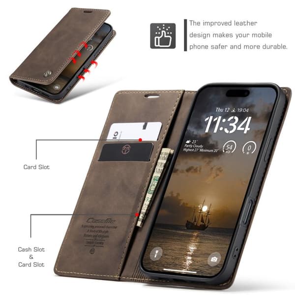 Kompatibel med iPhone 17 Pro etui læderetui multifunktionel vandret flip Kaffe