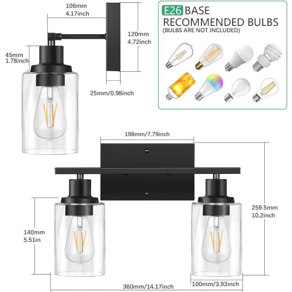 2 lys badeværelseslampe, moderne væglampe med klarglasskærm, matsort finish væglampe, E26 base