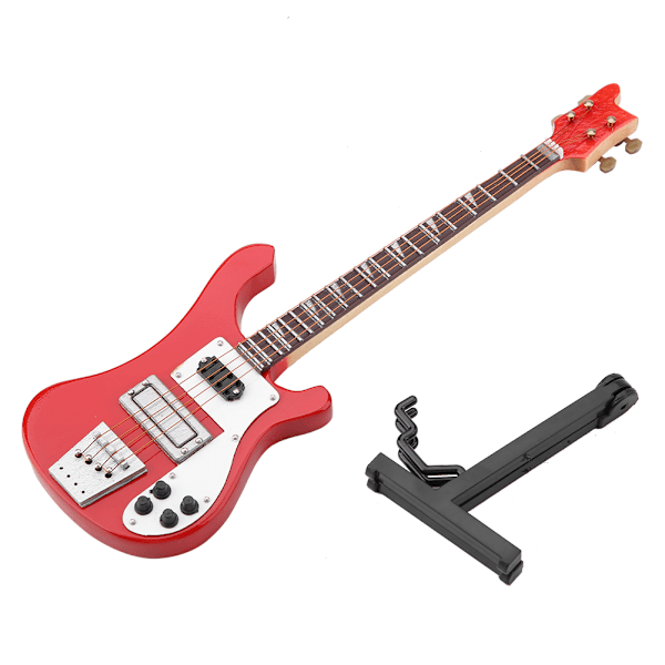 Röd miniatyr basgitarr replika med stativ och fodral Instrument Modell Ornament Julklapp