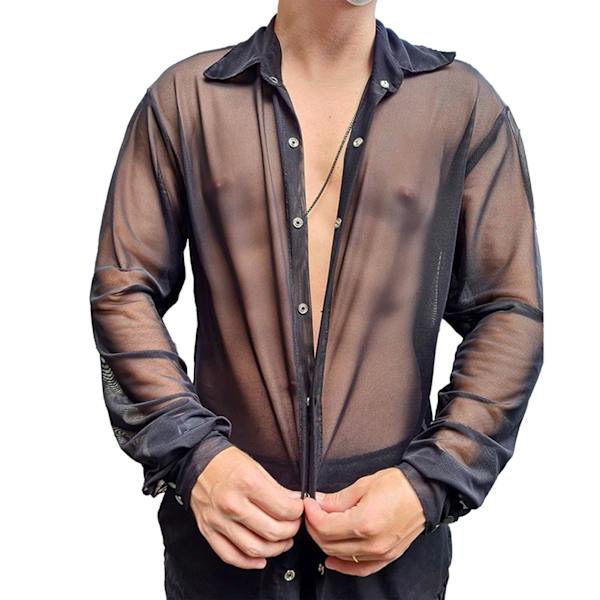 Menn Mesh Skjorte Langærmet Ensfarget Omslagskrage Enkeltknappet Pustende Menn Se Gjennom Topp Svart 3XL