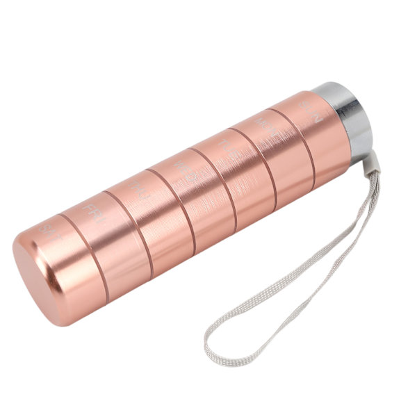 Metal Weekly Travel Medicin Organizer Bärbar vattentät 7-dagars aluminiumlegering tabletter Box med lanyard Rose Gold