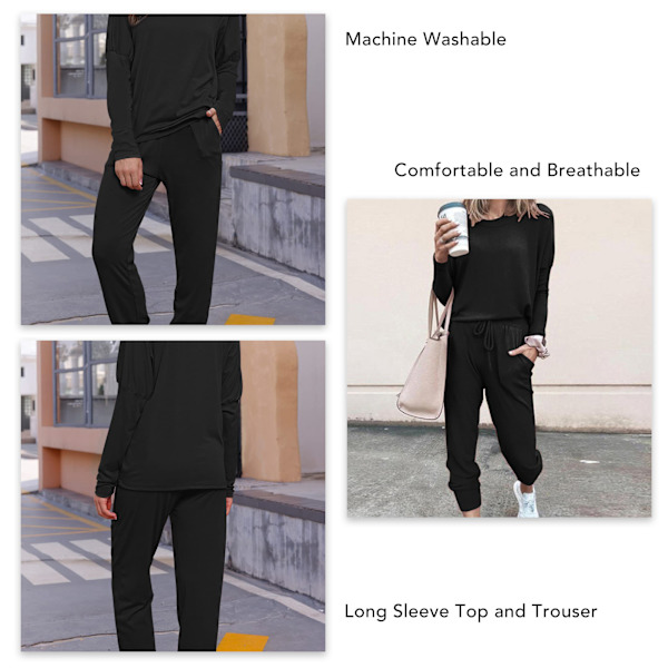 Dam 2-delad outfit Lös Stretchig Snygg långärmad tröja Byxa Höst Loungewear Pyjamas Set Svart XL