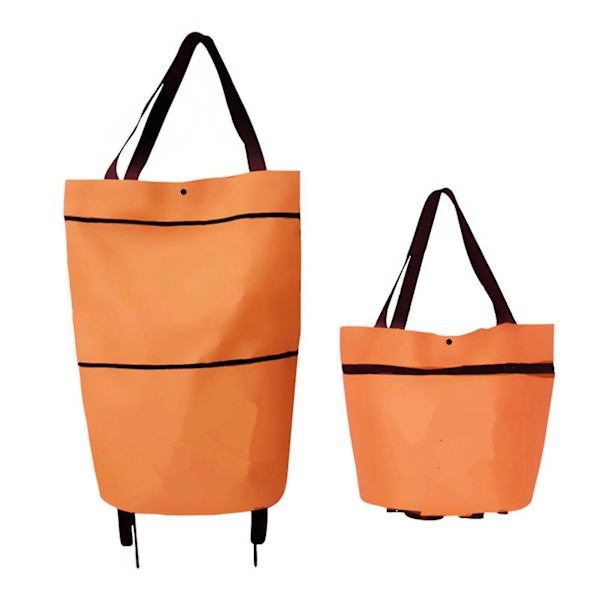 Foldbar 2-i-1 Indkøbsvogn med Hjul, Sammenklappelig Lynlås Foldbar Taske (Orange)