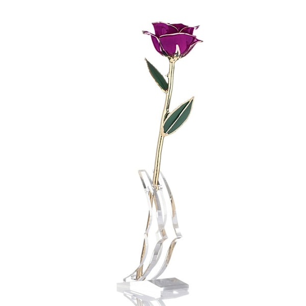 Ægte Purpurrød Rose 24K Guldbelagt Konserveret Blomstergave med Stativ til Valentinsdag Jubilæumsbryllup