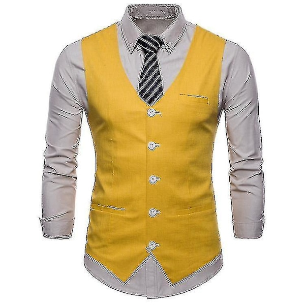 Yellow Men's Single Breasted Solid Color Vest