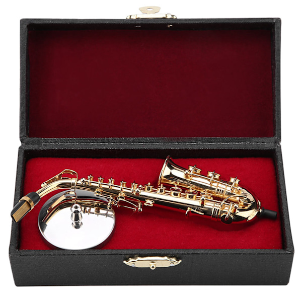 Miniatyr altsaxofon replika med stativ och fodral Guldpläterade instrumentmodell ornament