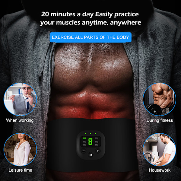 6 moduser Mag- midjetrimmer Ab-muskelstimulatorbelte Flat- og magetrening Toning Massasjeapparat treningsbelte