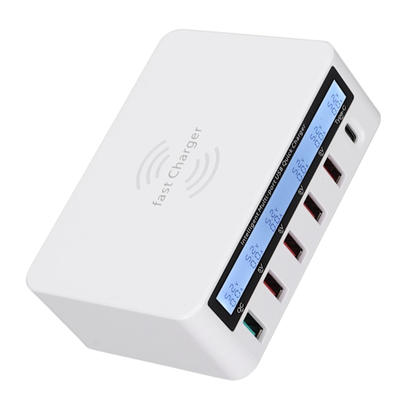 USB-telefonladdstationsblock 40W 6-portars QC 3.0 Charging Hub Trådlös laddningsbas med LCD Dispaly 100‑240VWhite US-kontakt