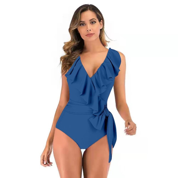 V-hals för kvinnor i ett stycke bikini volang med hög midja, rygglös tankini Elegant baddräkt Magkontroll strandbaddräkt Dark blue XL