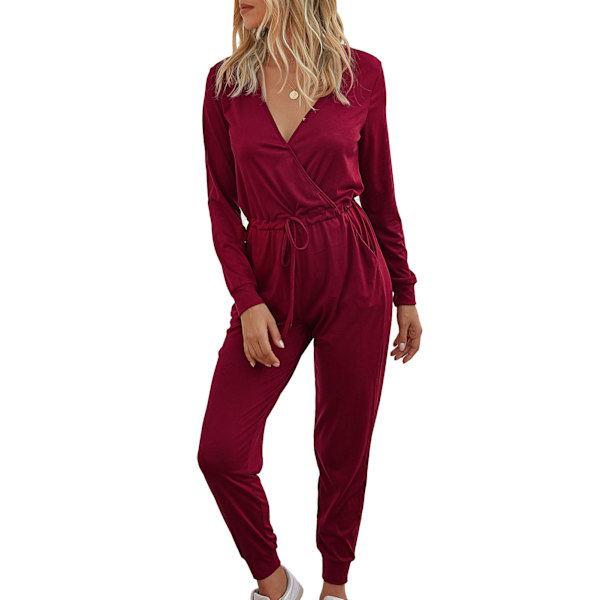 Langermet jumpsuit med smal snøring, V-hals, polyester, mote, fritidsklær, dameklær, vinrød, S