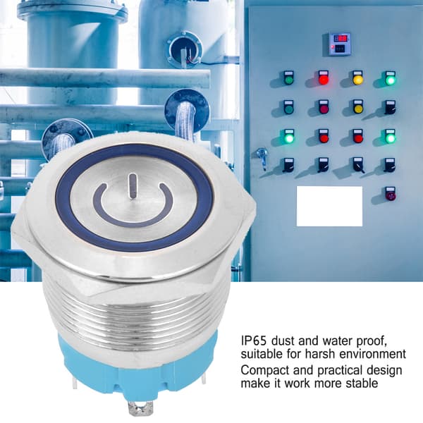 【NX】2 stk. trykknappbryter Flat Head Self Reset IP65 220VAC 22mm 4 Pin Switch med lys (blå)