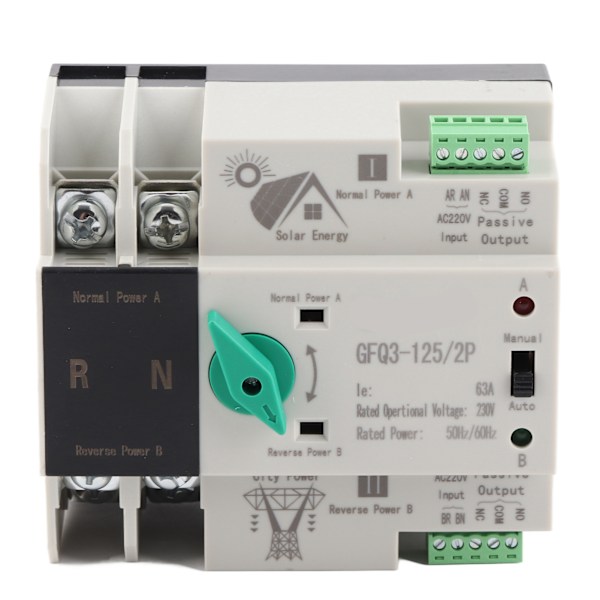 Dual Power Automatisk överföringsströmbrytare 2P Millisecond Snabbväxling Timing Controller AC230V 50/60Hz PV till nät 63A