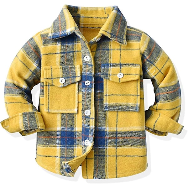 Flannel Plaid Knappetjakke til små drenge og piger, varm vinterjakke, størrelse 7-8, gul