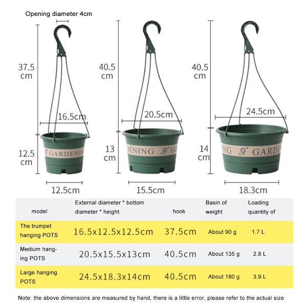 Hengende hagepotte Plast hengende blomsterpotte Planteholder med krok