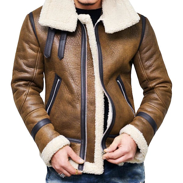 Winter Men's Brown Leather Jacket with Fur Collar, Zipper Closure (3XL)