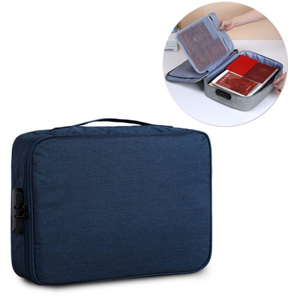 Vannavstøtende koffert, lommeopplegg for filer, viktig dokumentholder med sikker passordlås, modell: mørkeblå