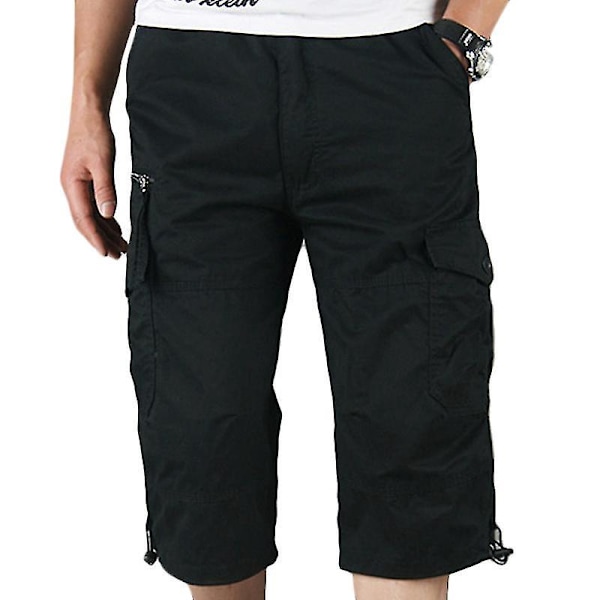 Men's Black 3/4 Cargo Combat Shorts Elastic Waist