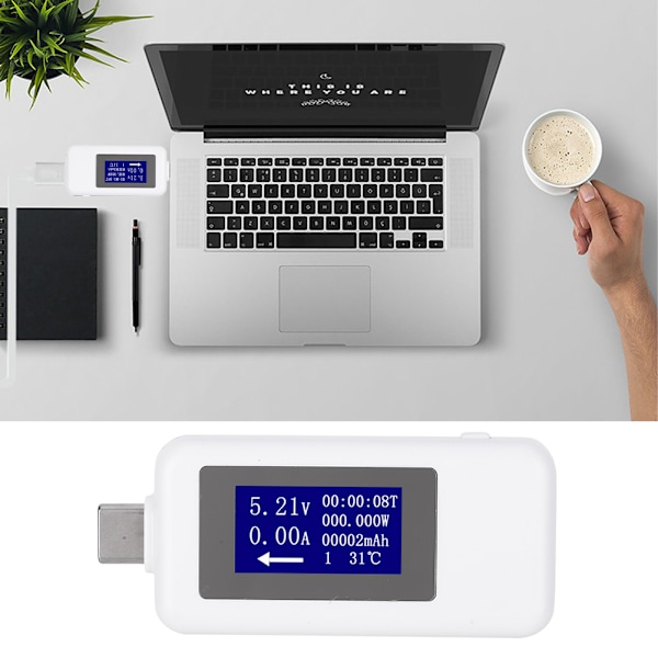TypeC Tester Multifunktionel Dobbeltrettet Strømspænding DC Digital Voltmeter (Hvid)