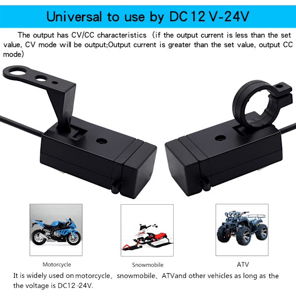 12-24V Universal Motorsykkel Mobiltelefonlader med Bryter Dobbel USB QC3.0 Hurtiglading