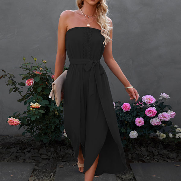 Dame Off Shoulder Croppede Jumpsuit Tube Top Playsuit Spidskant Casual Løstsiddende med Bælte til Daglig Arbejdsfest L Sort