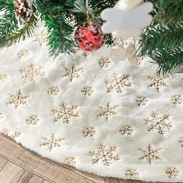Decroxmas vit julgranskjol fuskpäls guld snöflingabroderi xmas trädmatta 57 tum för julfestdekoration Golden Snowflake 57 inches