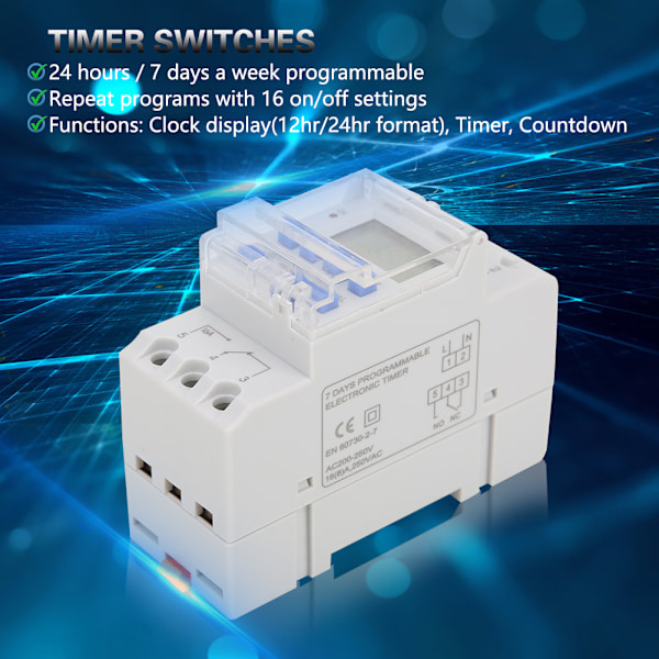 TM919A-2 200-250V AC 16A LCD 7-dagers programmerbar digital tidsbryter