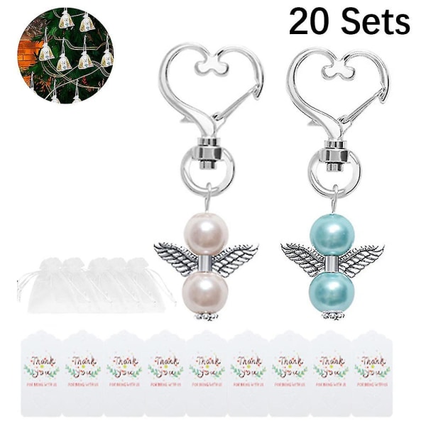 20 delar Angel Design Nyckelring Favors Set Inkludera Angel Pearl Nyckelringar Vita organza presentpåsar och tacketiketter Kompatibel med Baby Shower Weddin STYLE-A