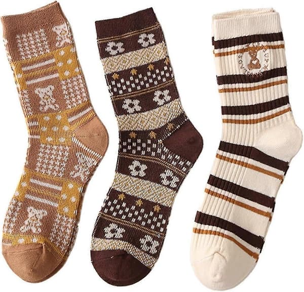 Retro Jacquard bomuldsstrømper til midt på læggen - Komfortable til forår og efterår, sæt med 3 par