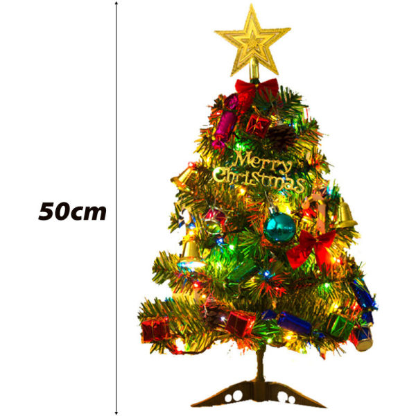 Joulukuusi täynnä erilaisia ​​koristeita ja monivärisiä valoja | Fiber Optic Evergreen 50cm, malli: Monivärinen