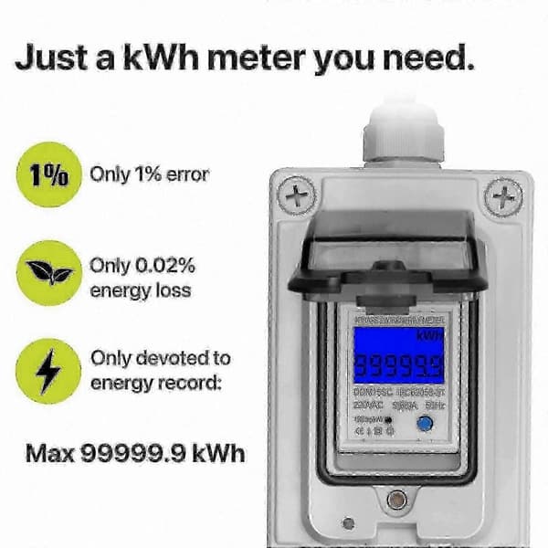 Digital strømmåler 60A 230V, vandtæt IP67 energimonitor med LCD-display og strømafbrydelseshukommelse til indendørs/udendørs brug
