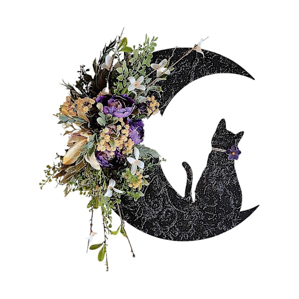 Moon Cat Halloween Krans - Festlig Dörrdekoration med Konstgjorda Blommor