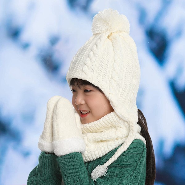 3st Baby Vinter Mössa Scarf Handskar Set Stickad Fleece Fodrad Mössa med Pompom Twist Fläta Utomhus Varm Mössa för 2-5 år Barn Pojkar Flickor