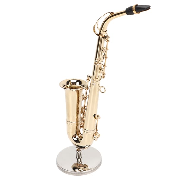 Miniatyr Altsaksofon Replika med Stativ og Etui Mini Saksofon Musikkinstrument Dukkehus Modell Ornament 16 cm