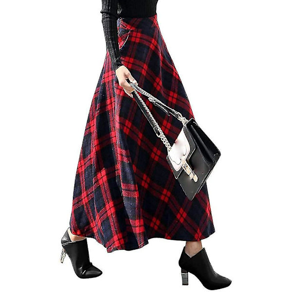 Varmt Tartan Ull Maxi Skjørt for Kvinner, Elastisk Midje, Plus Størrelse, Rød