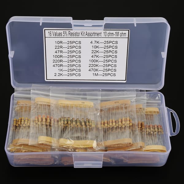 400 stk. 1/2W 16 værdier 10ohm-1Mohm kulmodstandssæt sortiment komponenter kit