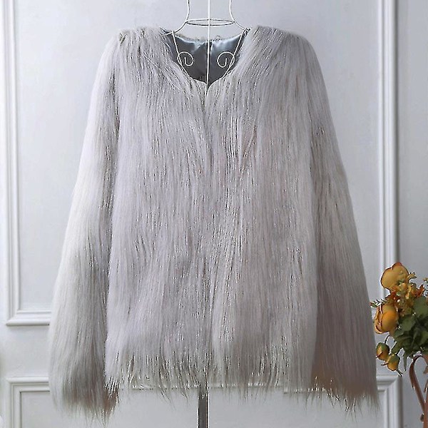 Luksuriøs Dame XL Lysegrå Fluffy Faux Fur Frakkejakke