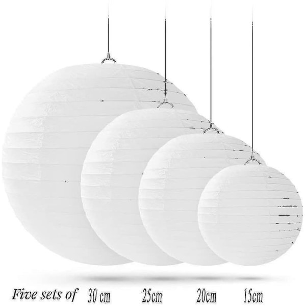 20 kpl valkoisia pyöreitä paperilyhtyjä, joissa on lankanauha, erikokoisia