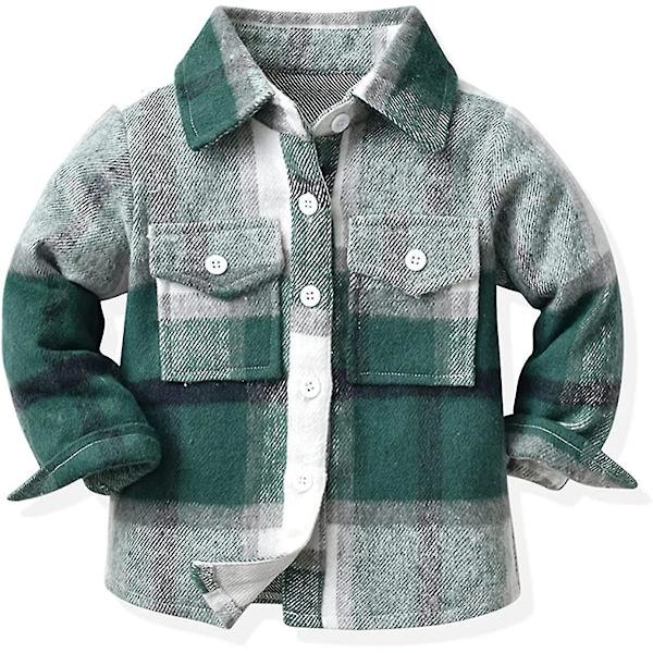 Flannelskjortejakke til baby drenge og piger, langærmet reversknappet jakke, efterårs- og vintertøj, 5-6 år, grøn