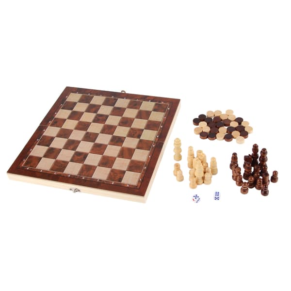 Schack- och damspel i trä 3-i-1 - 24cm x 24cm