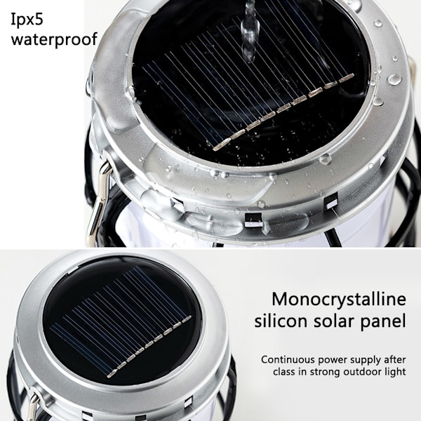 Solcells Campinglykta USB Laddningsbar LED Campinglampa Vattentät Hängande Tältlampa för Vandring Camping