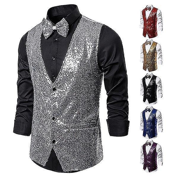 Paljett Glittrande Silver V-ringad Festväst för Män 2XL
