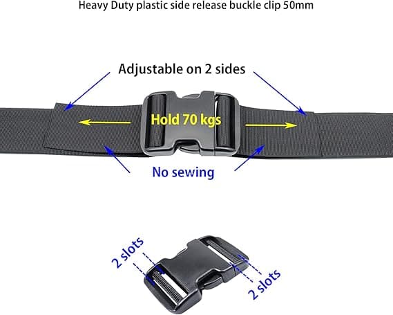 50 mm Heavy Duty Plastic Quick Release Buckles, Buckles, Clasps, Backpack Buckles, Replaceable, Double-Sided, Adjustable, No Sewing, 2 Sets