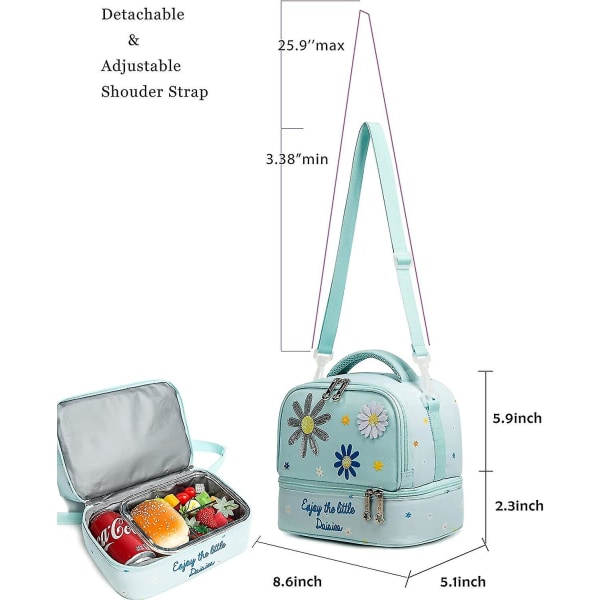 Lasten lounaslaukku eristetty Bento-kylmälaukku, kaksiosastoinen kylmälaukku pojille ja tytöille säädettävällä hihnalla
