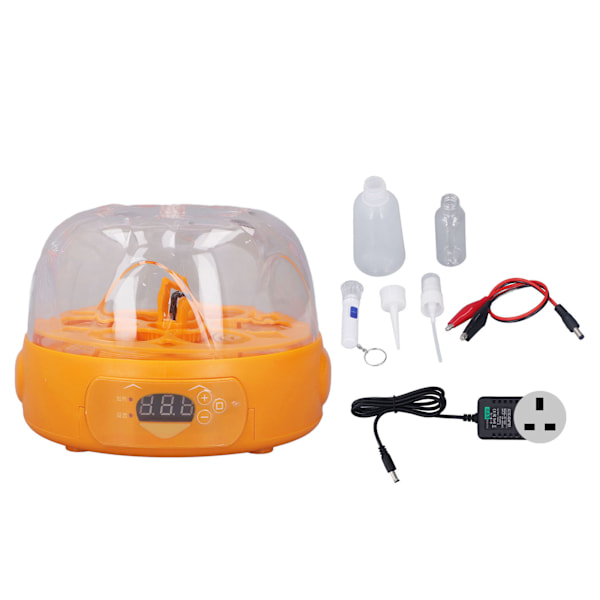 15W Ägginkubator 6 Ägg Digital Mini Helautomatisk Ägginkubator med Automatisk äggvändare för kläckning av kyckling Anka Vaktel 100‑240V Gul UK-kontakt