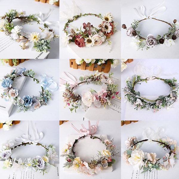 Boho Flower Pannebånd Hårkrans Floral Garland Crown Halo Hodestykke med bånd Bryllupsfestivalfest