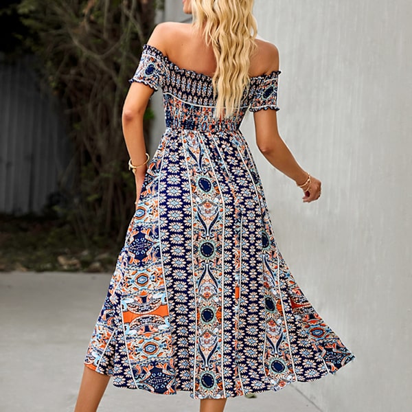 Kvinde One Piece Off Shoulder Kjole Boho Blomsterprint Slid Lang Kjole til Sommerferie Marineblå XL