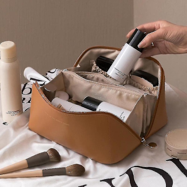 Stor Makeup Opbevaringspose i Mocha Brun PU Læder