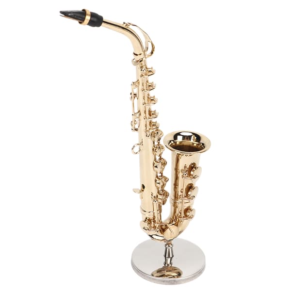 Miniatyr Altsaksofon Replika med Stativ og Etui Mini Saksofon Musikkinstrument Dukkehus Modell Ornament 16 cm